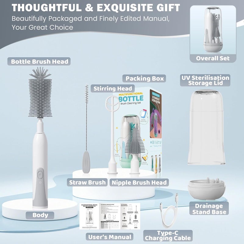 IvyWind Electric Travel Baby Bottle Brush Set with Storage Box, Automatic Bottle Cleaner Brush Kit with Silicone Bottle/Nipple/Straw Brush, Milk Frother Electric and Drainage Rack, Rechargeable, Gray - Image 5